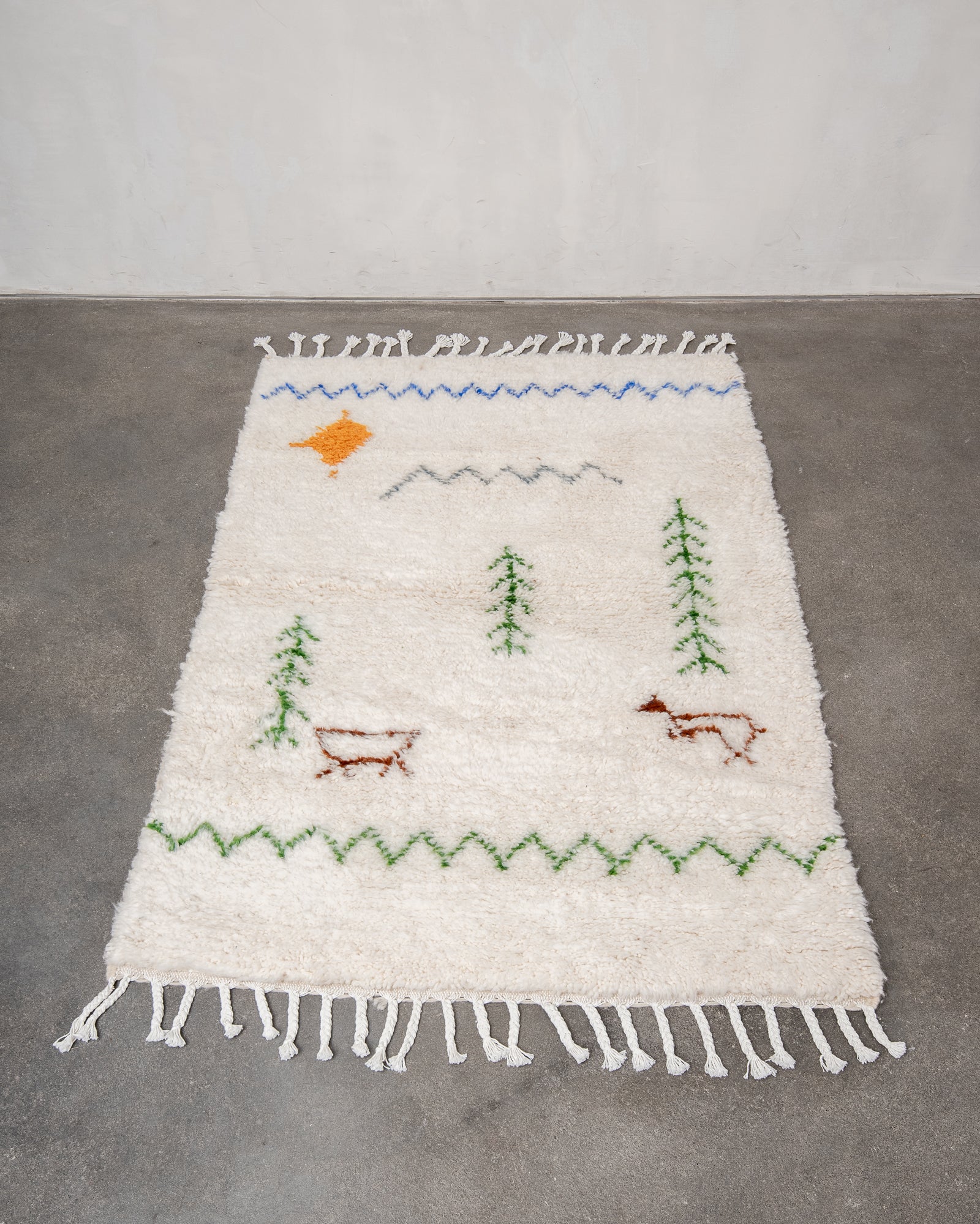 Modern, designer, handcrafted Berber rug from Morocco. Beniourain carpet with beautiful colours and patterns and fluffy wool texture.